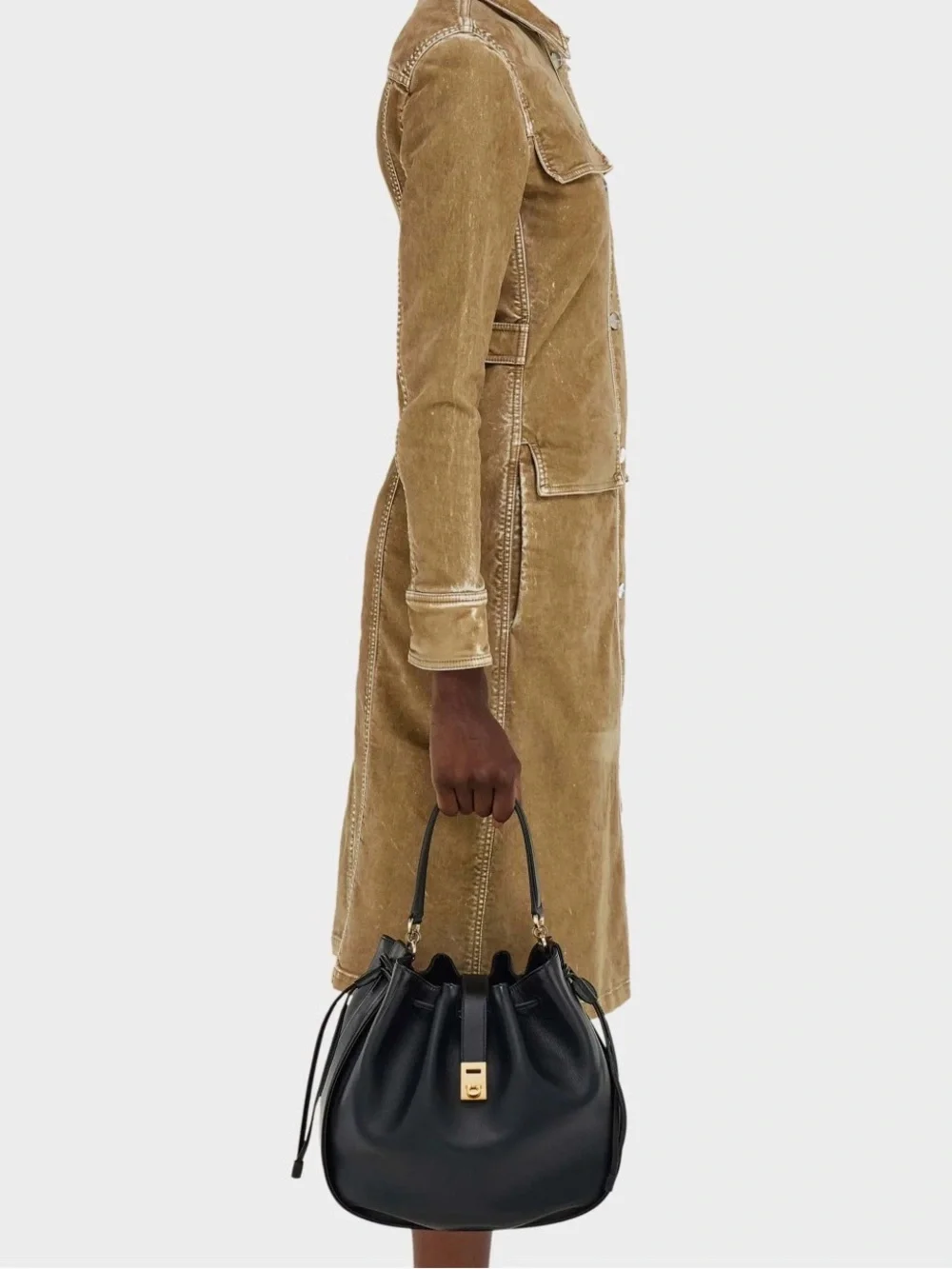 Black Leather Hug Bucket Tote Bag with Gold Hardware